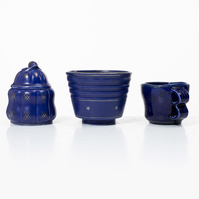 Wilhelm Kåge, a vase, jar with cover, flower pot and plate, Gustavsberg, Sweden, 1924-1930.