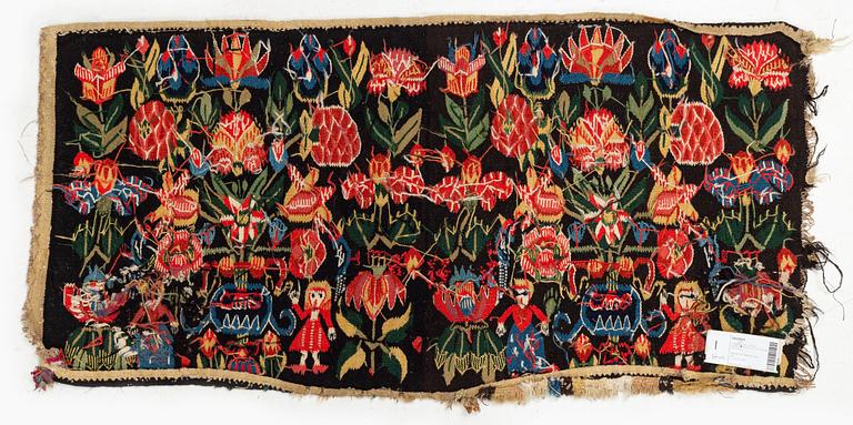 A carrige cushion, 'Urnor och par', tapestry weave, c. 102 x 51 cm, around the years 1800-1825.