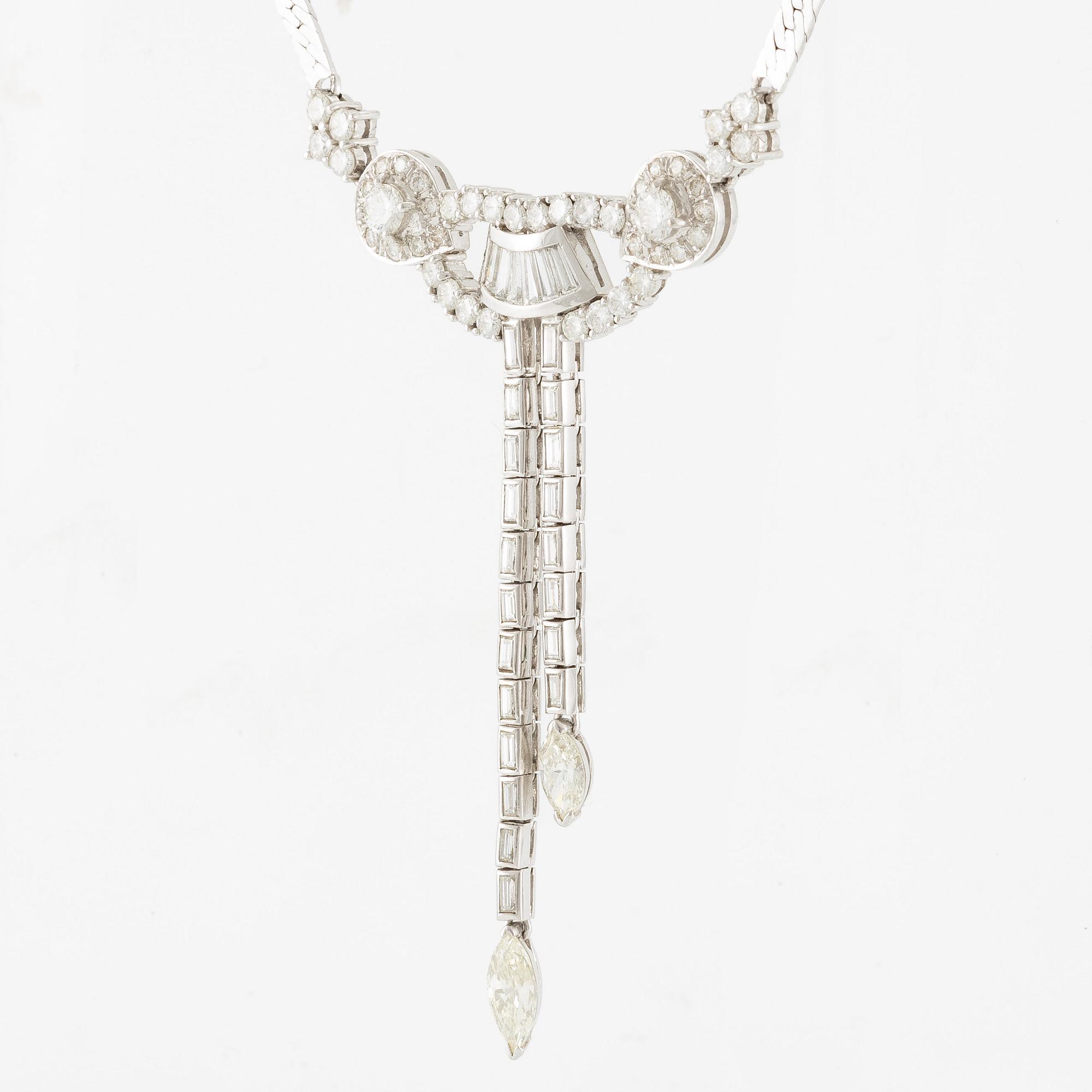 Necklace, 14K white gold with baguette-cut, brilliant-cut, and marquise-cut diamonds.