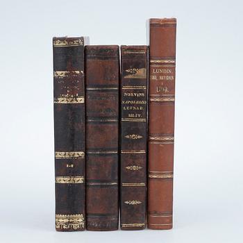 BOKPARTI, 4 volymer, bla Historiens Philosophi, 1-2, av Friedrich von Schlegel, Stockholm 1841.