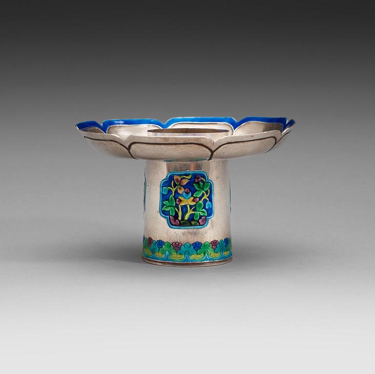 A silver and enamel cup stand, China, early 20th century.