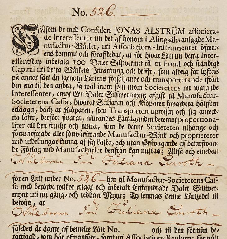 A Swedish share certificate, Ahlingsåhs Manufaktur Werk, No 526, 1728.