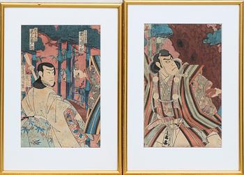 Tre träsnitt, Yoshu Chikanobu samt två delar av en triptyk, okänd konstnär, Japan 1800-tal.