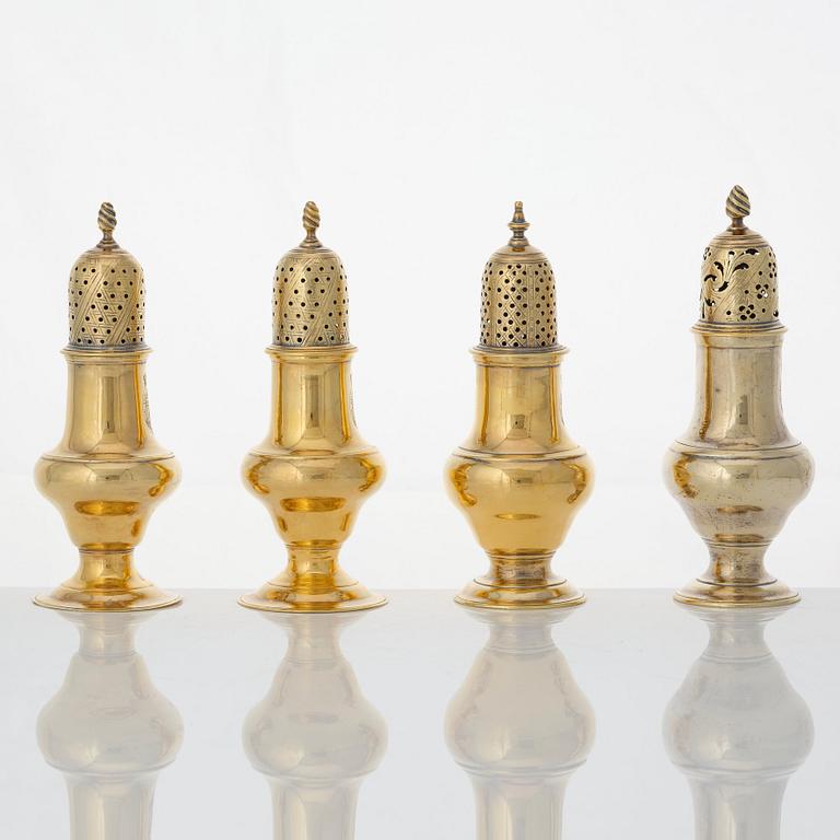 Four English 18th century silver-gilt caster-cruet, one pair marked Thomas Shepherd, 1790, one John Delmester 1760,