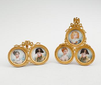 MINIATYRER, 5 st i 2 ramar, gouacher, signerad Paulin, 1900-talets första hälft.