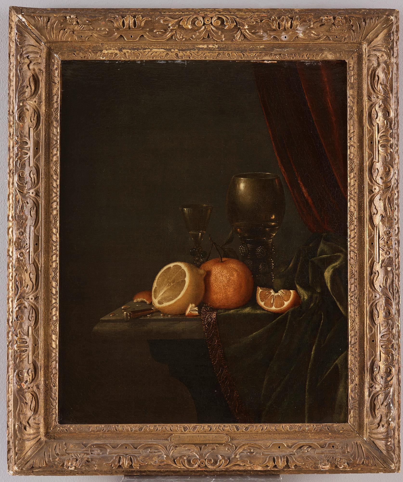 Pieter Elinga Janssens Tillskriven, Stilleben med en remmare, citron och apelsin.