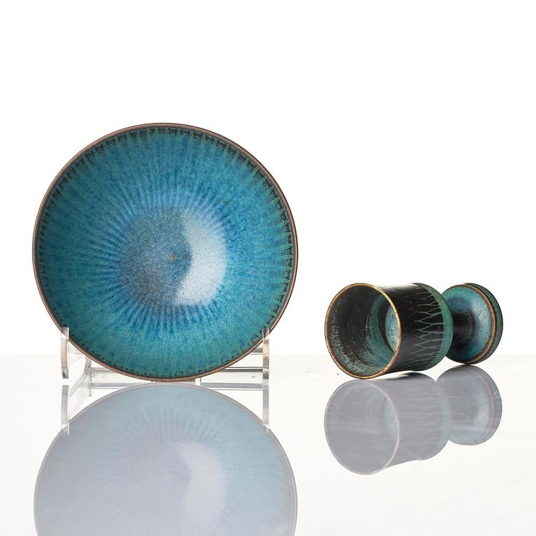 Stig Lindberg, a stoneware set of a teapot, a bowl and a goblet, Gustavsberg Studio 1969.