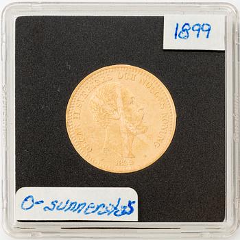 Guldmynt, Oscar II, 20 kronor, typ III, Sverige 1899.