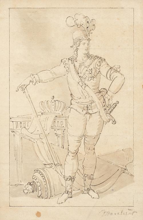Louis Masreliez Attributed to, Fullfigure portrait of King Gustaf III of Sweden (1746-1792).