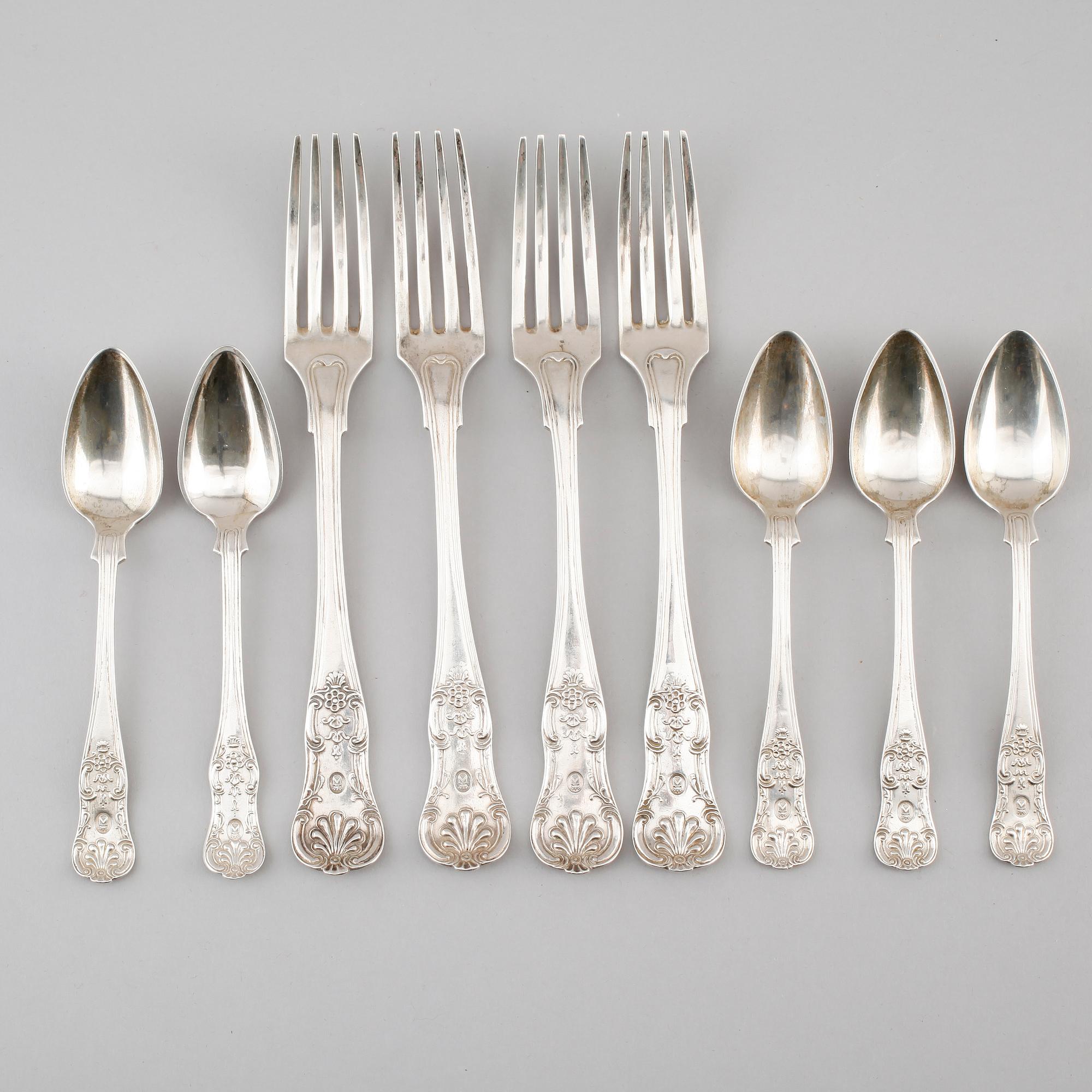 BESTICK, 9 delar, silver, Johan Carlsson, Norrköping 1851. Vikt ca 457 gram.