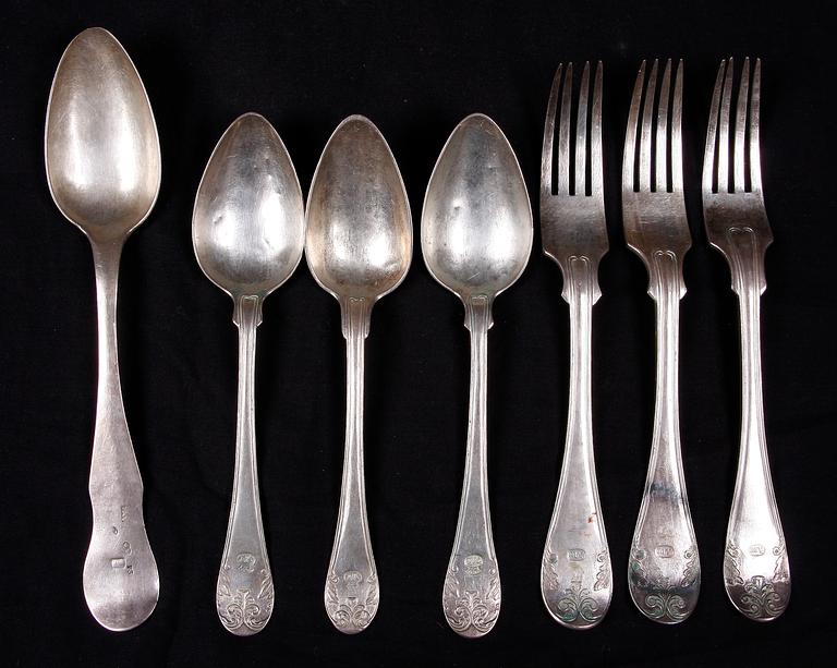 BESTICK, 7 st, silver, olika mästare bla Pehr Alfred Weström Uppsala 1863.