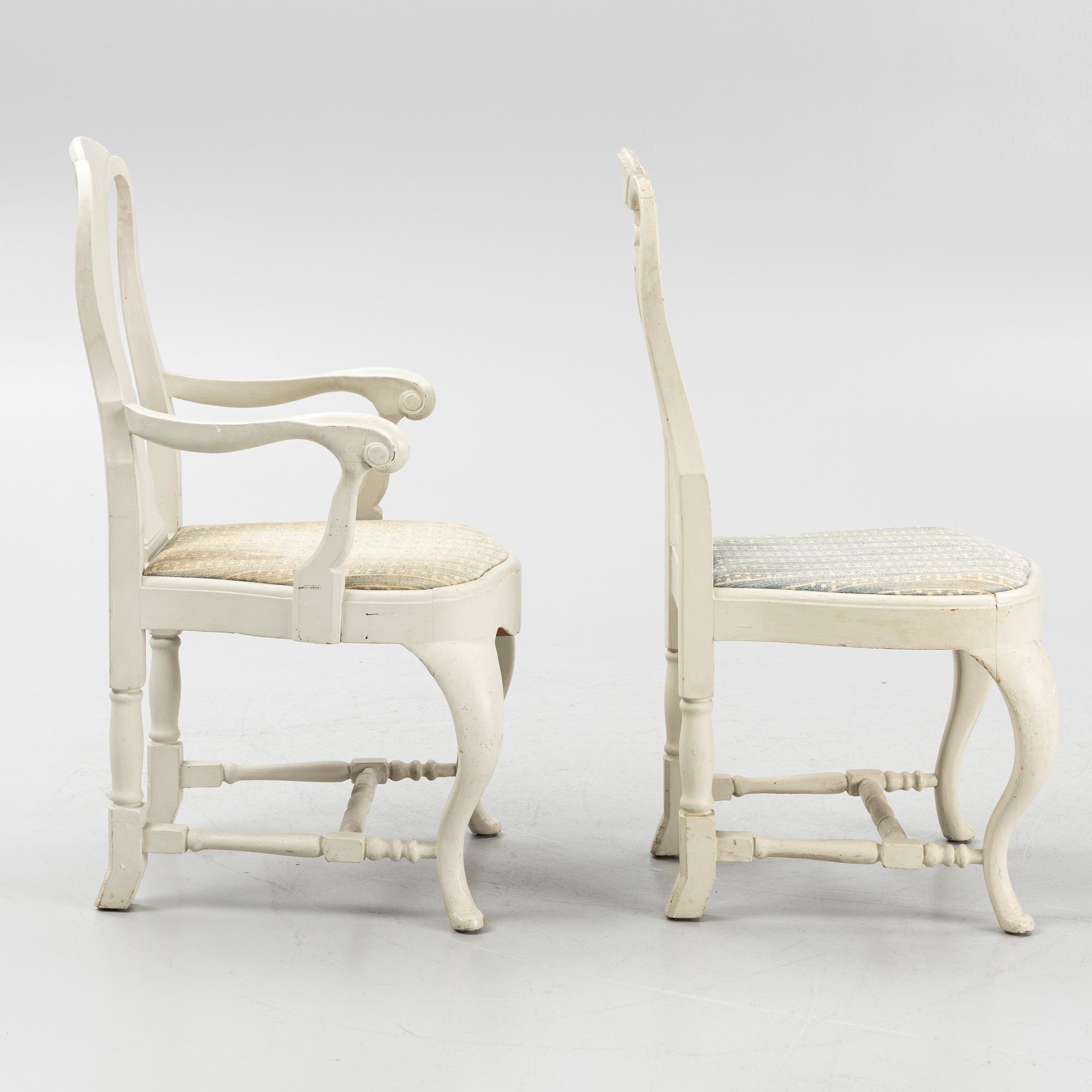 Armchairs, a pair, and chairs, 8 pieces, Rococo style, early 20th century.