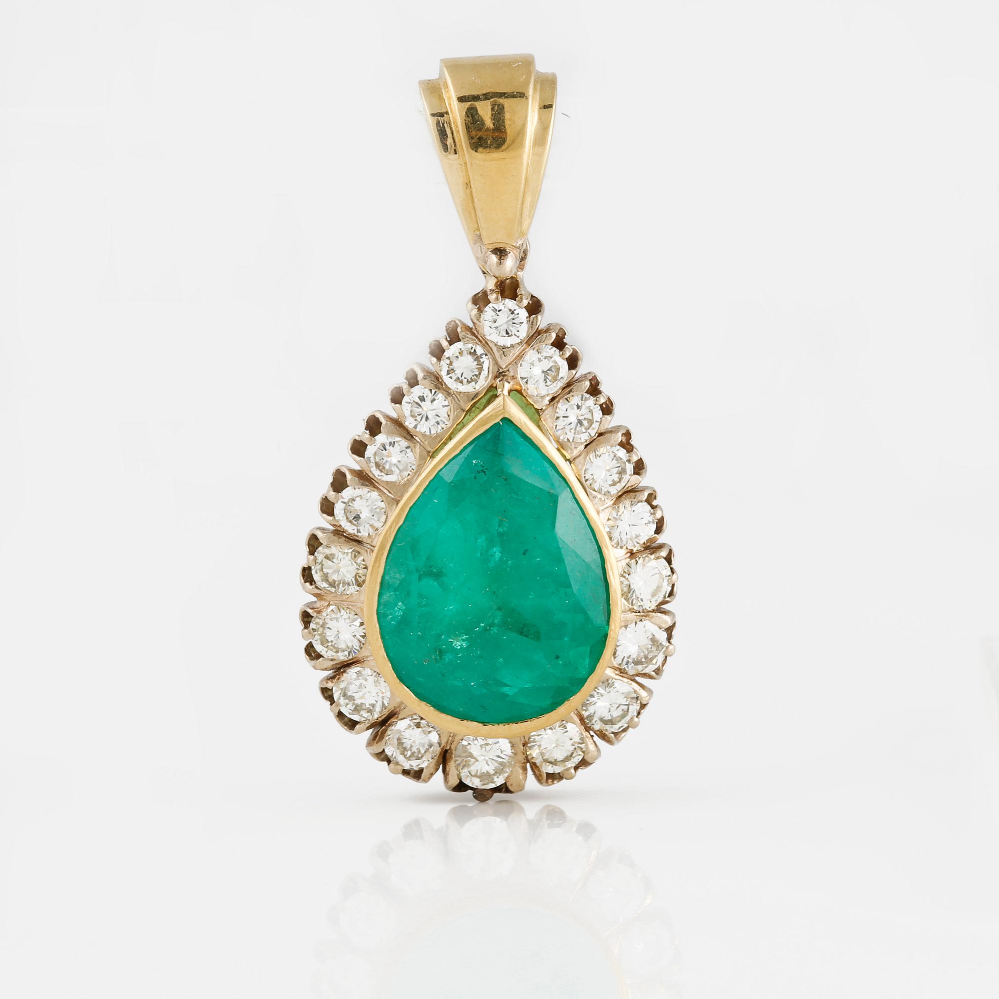 An emerald, circa 10 cts, and diamond, in total circa 2 cts, pendant.