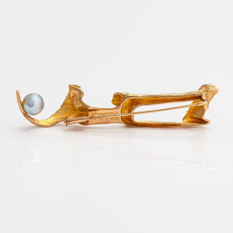 Björn Weckström, Brosch "Pulkka", 14K guld, odlad pärla. Lapponia 1970.