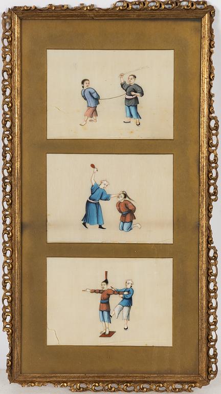 Unidentified artist, nine Chinese gouache paintings, late Qing dynasty.