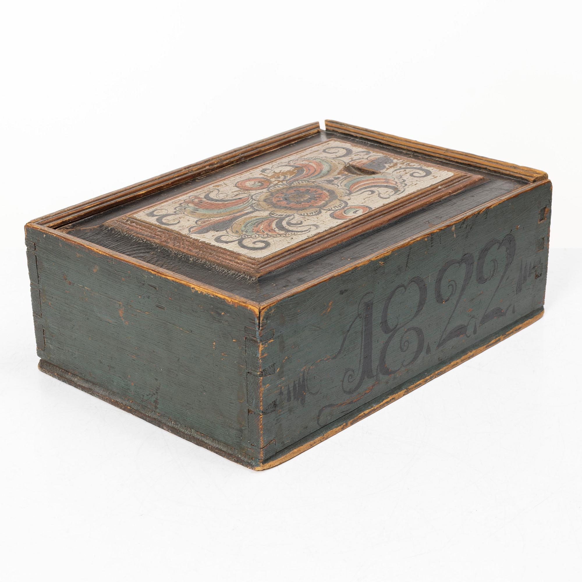 Timplåda, allmoge, tillskriven Hak-målarna, Lima, Dalarna, daterad 1822.