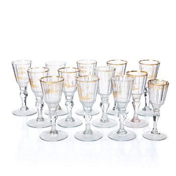 315. A group of 13 French/German wine glasses, late 18th Century.