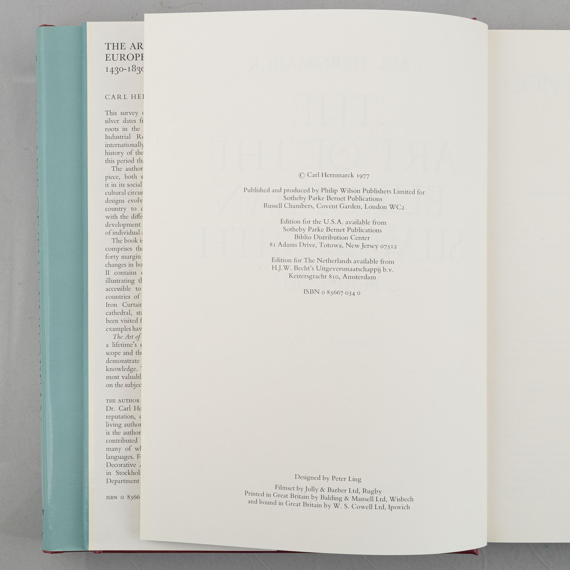 Collection of literature on silver, 8 volumes, including 'Svenskt silversmide 1520-1850'.