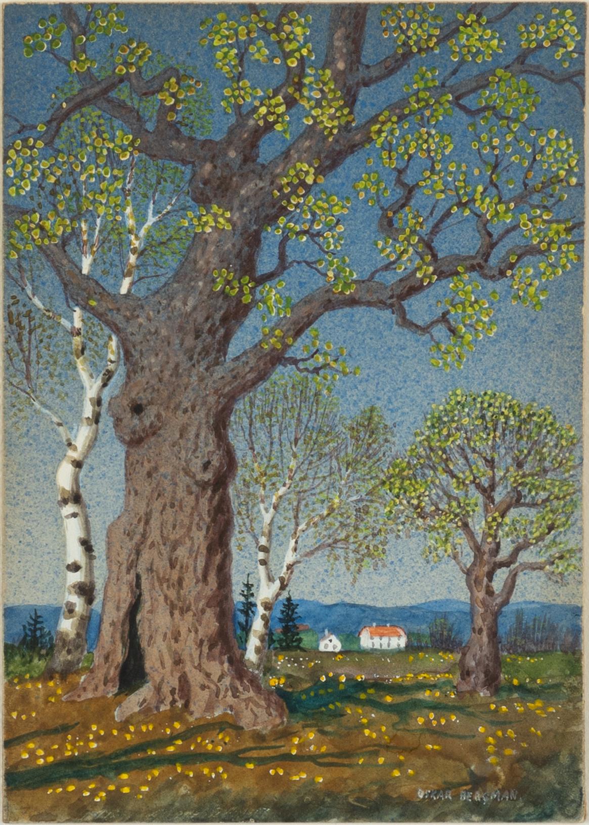Oskar Bergman, Somrigt landskap med träd och hus.