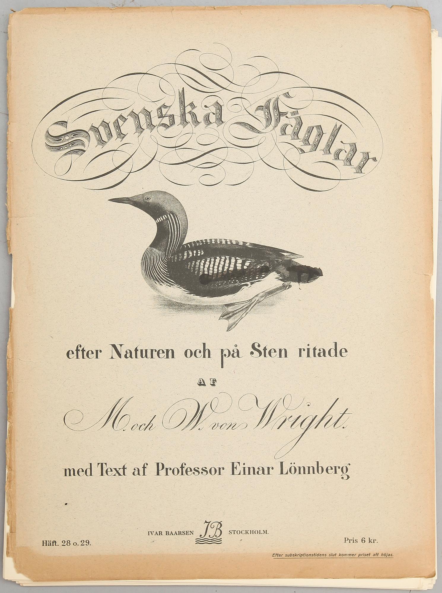 LITOGRAFISKA TRYCK, ca 30 st, ur M och W von Wright, Svenska fåglar.