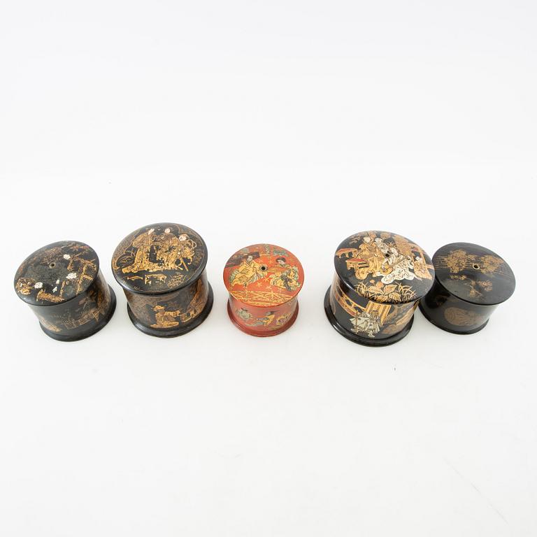 A collection of thread holders, boxes, and a tea caddy, 10 pcs Japan/Europe first half of the 20th century.