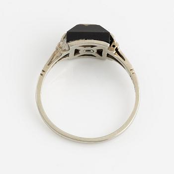 18K white gold, onyx with round brilliant cut diamond ring.