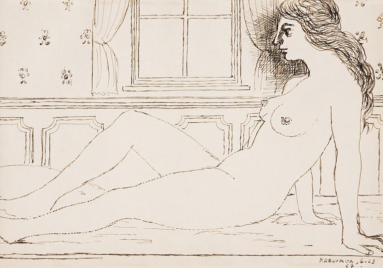 Paul Delvaux, "Jeune femme nue assise, jambes allongées".