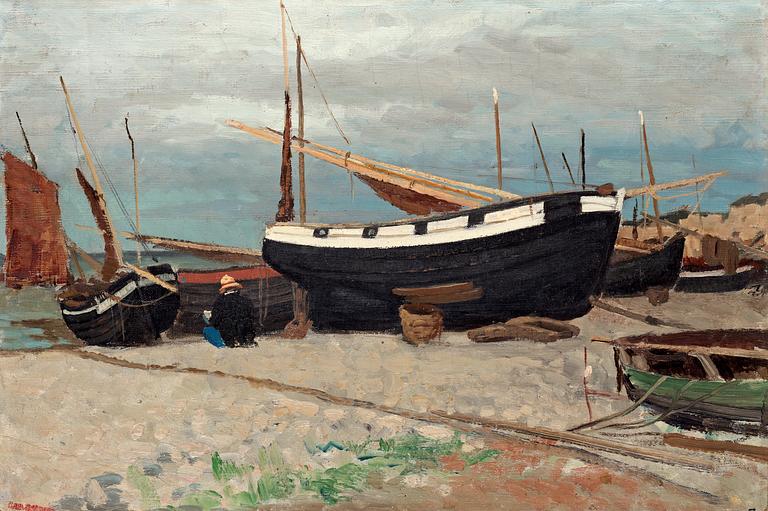 Carl Skånberg, Boats on the shore, coastal scene from the north of France.