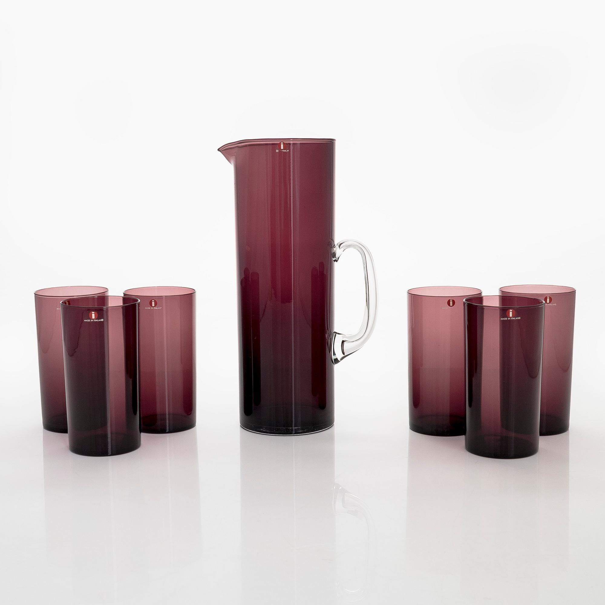 Timo Sarpaneva, dricksglas, 6 st, samt tillbringare, i-serien, Iittala tidigt 1960-tal.