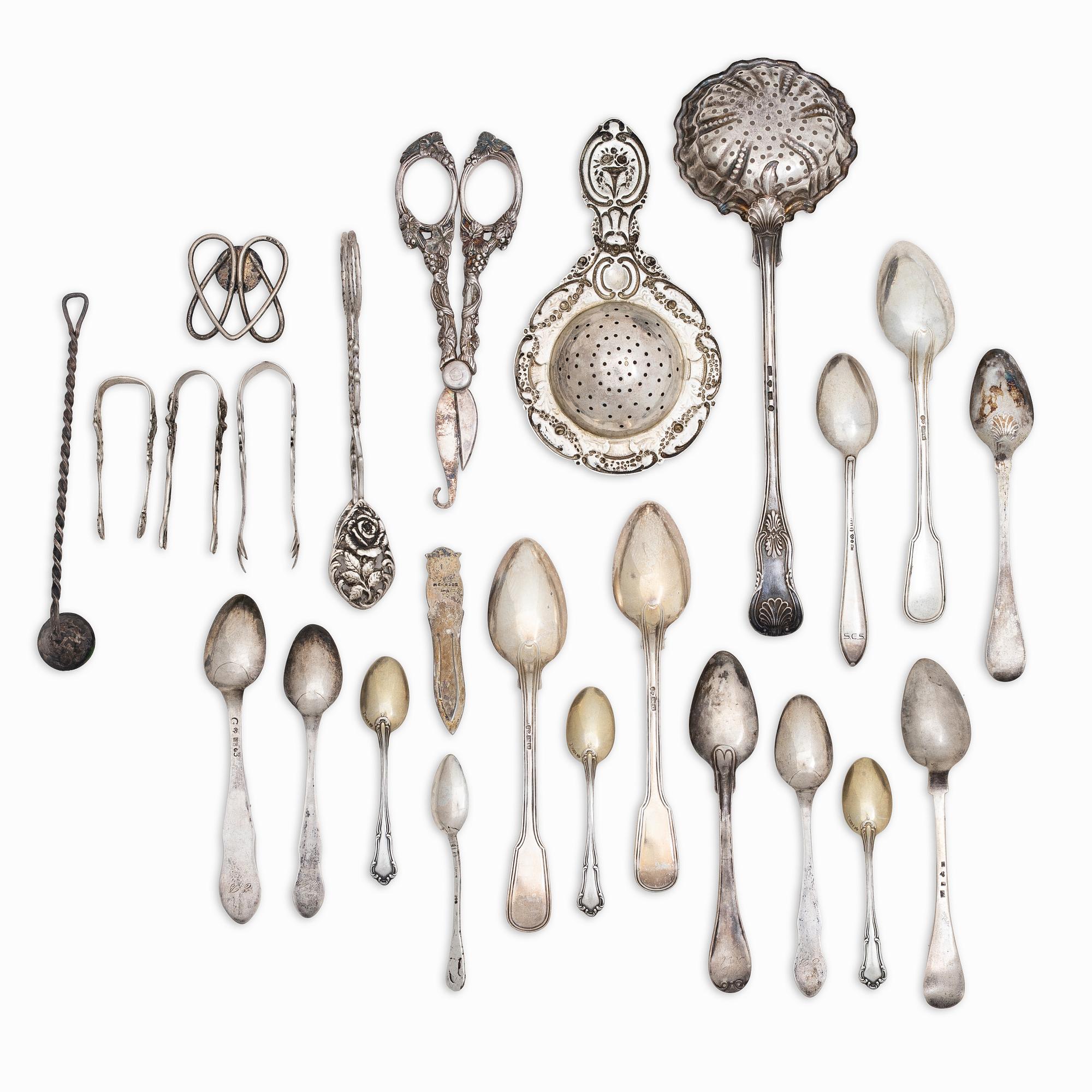 Cutlery, tea strainer, bookmarks etc., 24 pieces, silver, 19th-20th century.