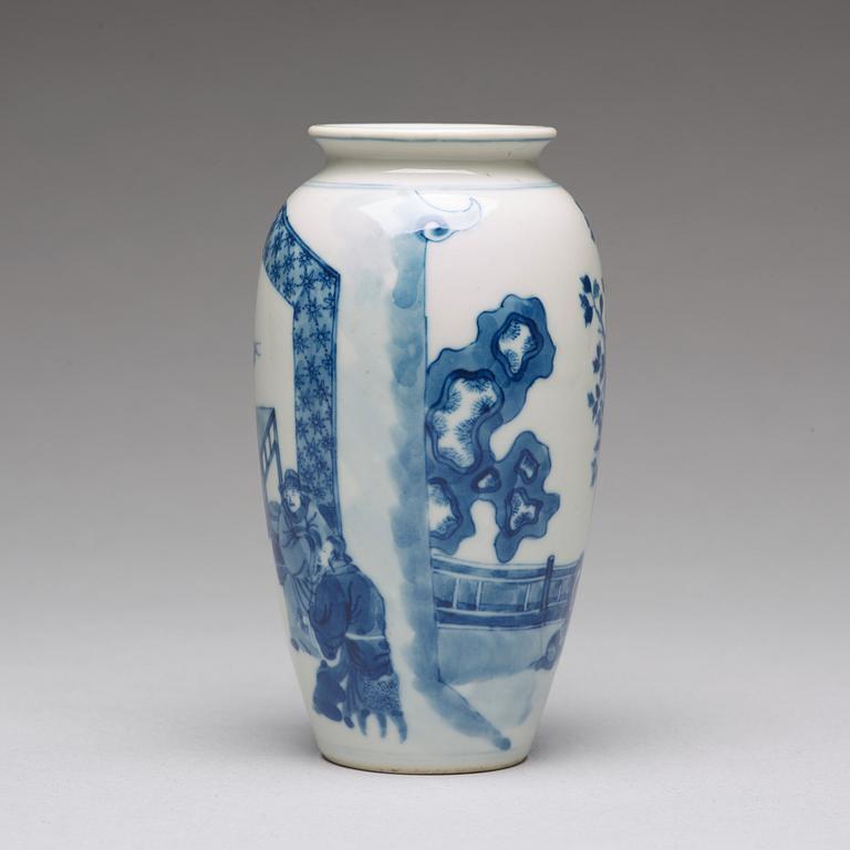 A blue and white vase, late Qing dynasty with Kangxi mark.