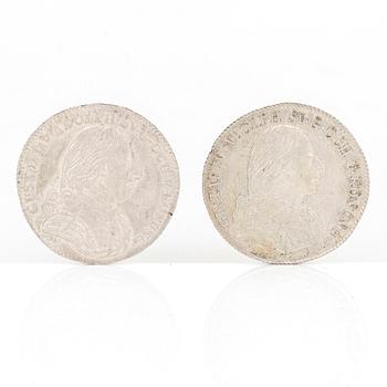 SILVERMYNT, 2 st, 1/6 Riksdaler, Gustav IV Adolf, Sverige 1801 resp 1805. Vikt tot ca 12 gram.