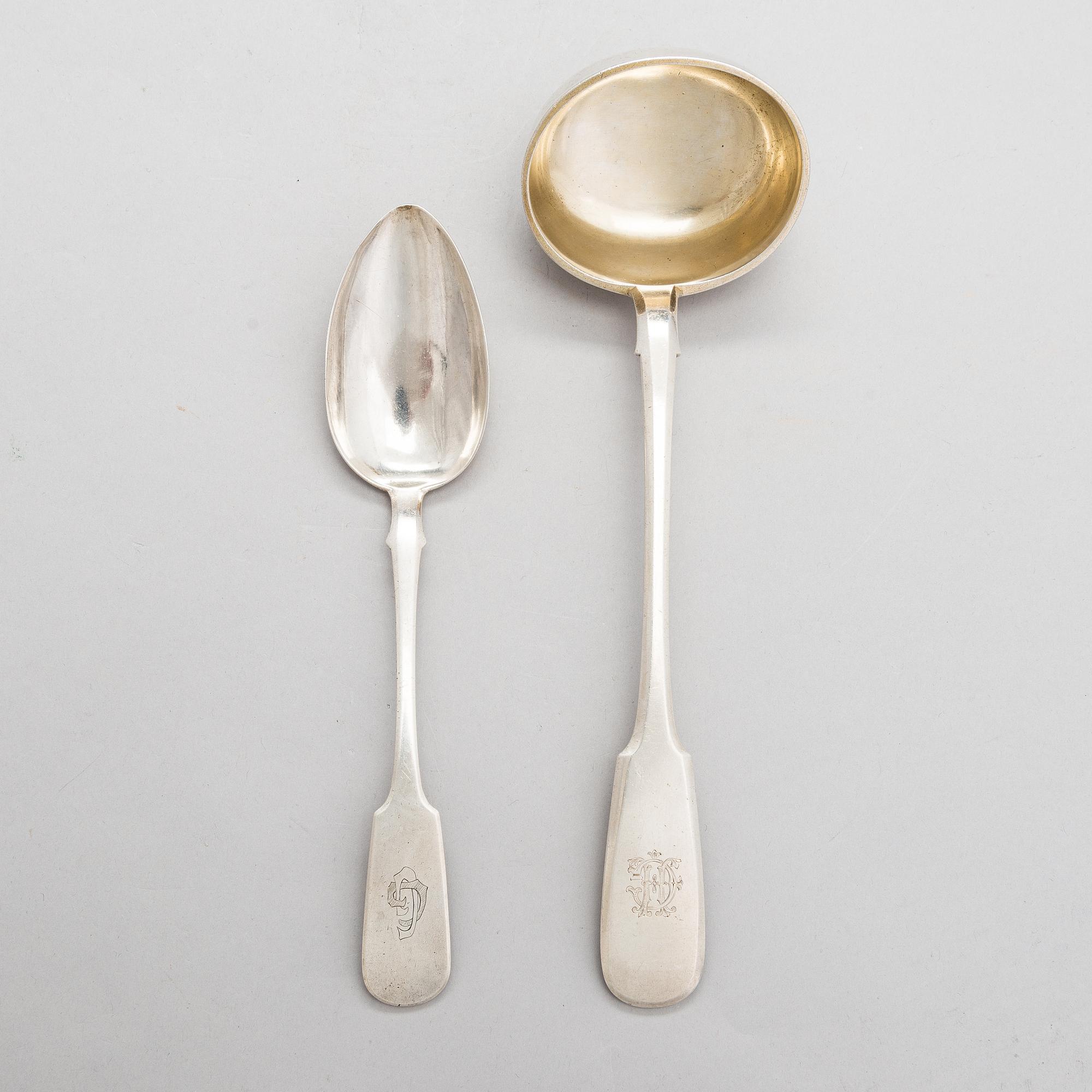 A Grachev silver soup ladle, Saint Petersburg, 1894. Imperial warrant mark. Spoon, silver, unidentified master, 1856.