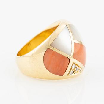 Ring, 18K gold with coral, mother-of-pearl, and brilliant-cut diamonds, Italy.