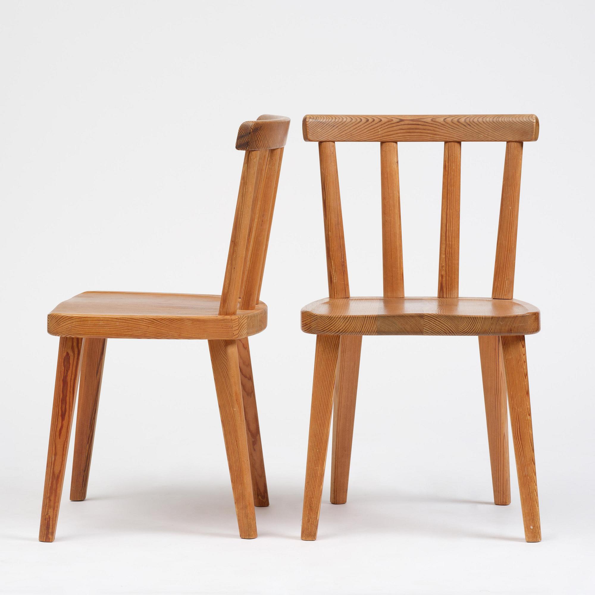 Axel Einar Hjorth, a set of six stained pine "Utö" chairs, Nordiska Kompaniet, Sweden, 1930s.