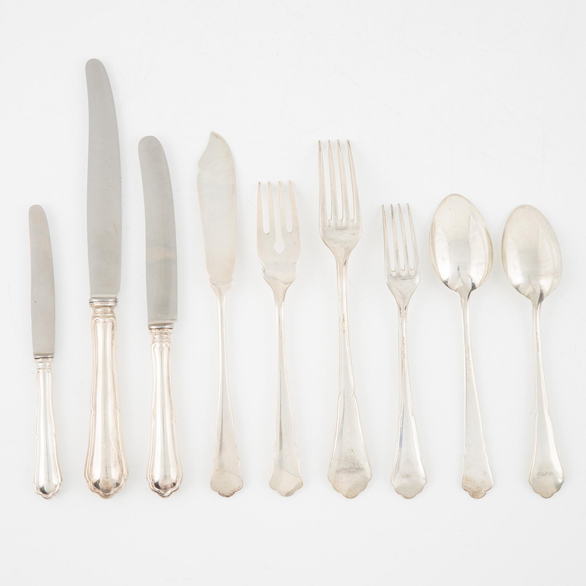 A silver flatwear set, 65 + 19 pieces, two similar models, including Garmany and Swedish import marks.