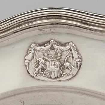 A Swedish silver dish with the family crest of Åkerhielm by Gustaf Möllenborg in Stockholm 1850.