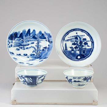 A group of four blue and white dishes and bowls, Ming and Qing dynasty.