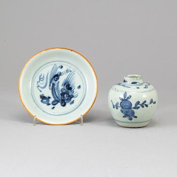 A group of blue and white dish and jar, Ming dynasty.