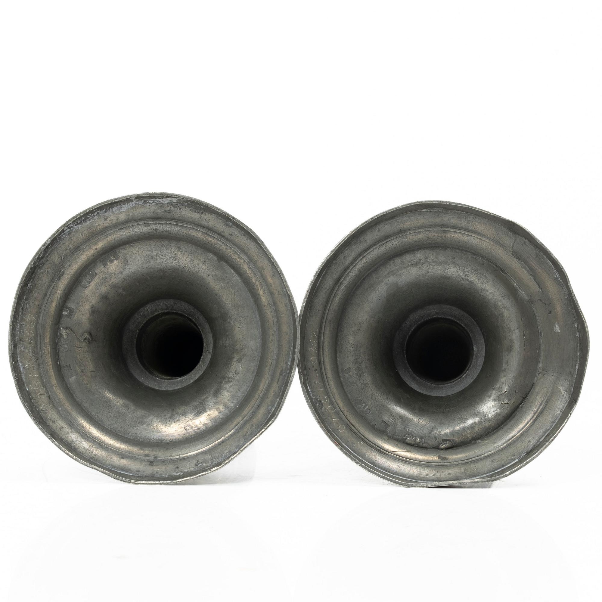 A pair of pewter candle sticks, Sweden, possibly 1844.