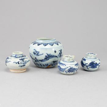 Four blue and white jars, presumably Ming dynasty (1368-1644).