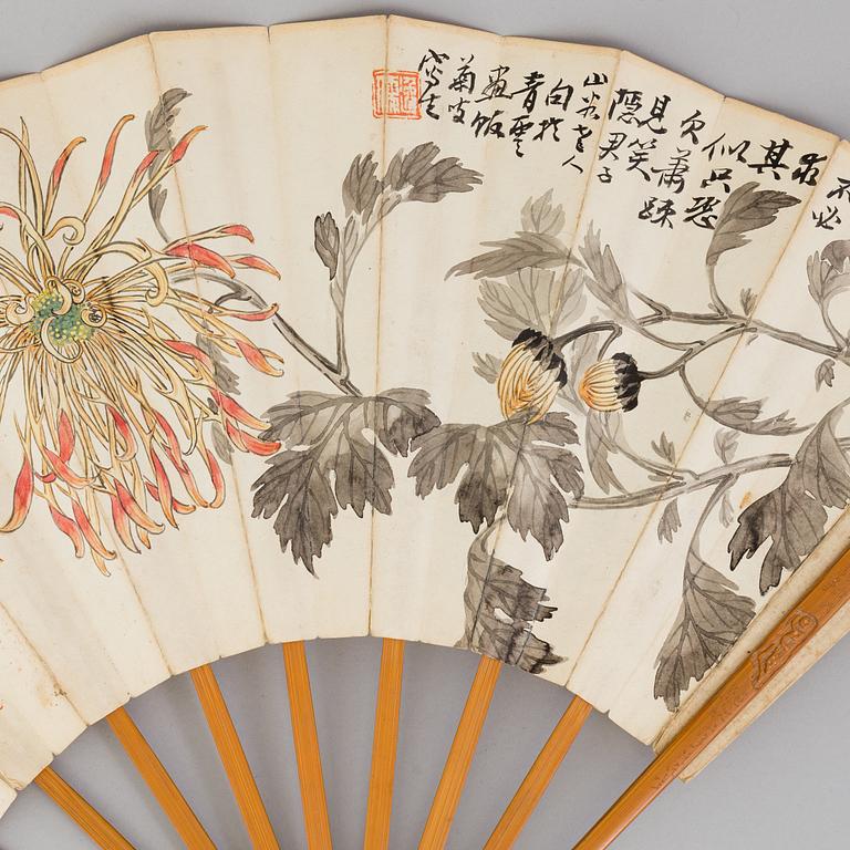 Three chinese fan leaf paintings, 20th century.