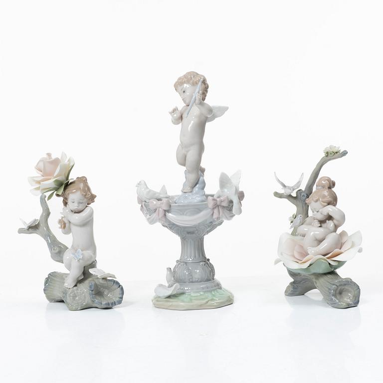 Lladró, figuriner, 3 st, "Fountain of love", "Born in springtime" samt "Somewhere in the garden", Spanien.