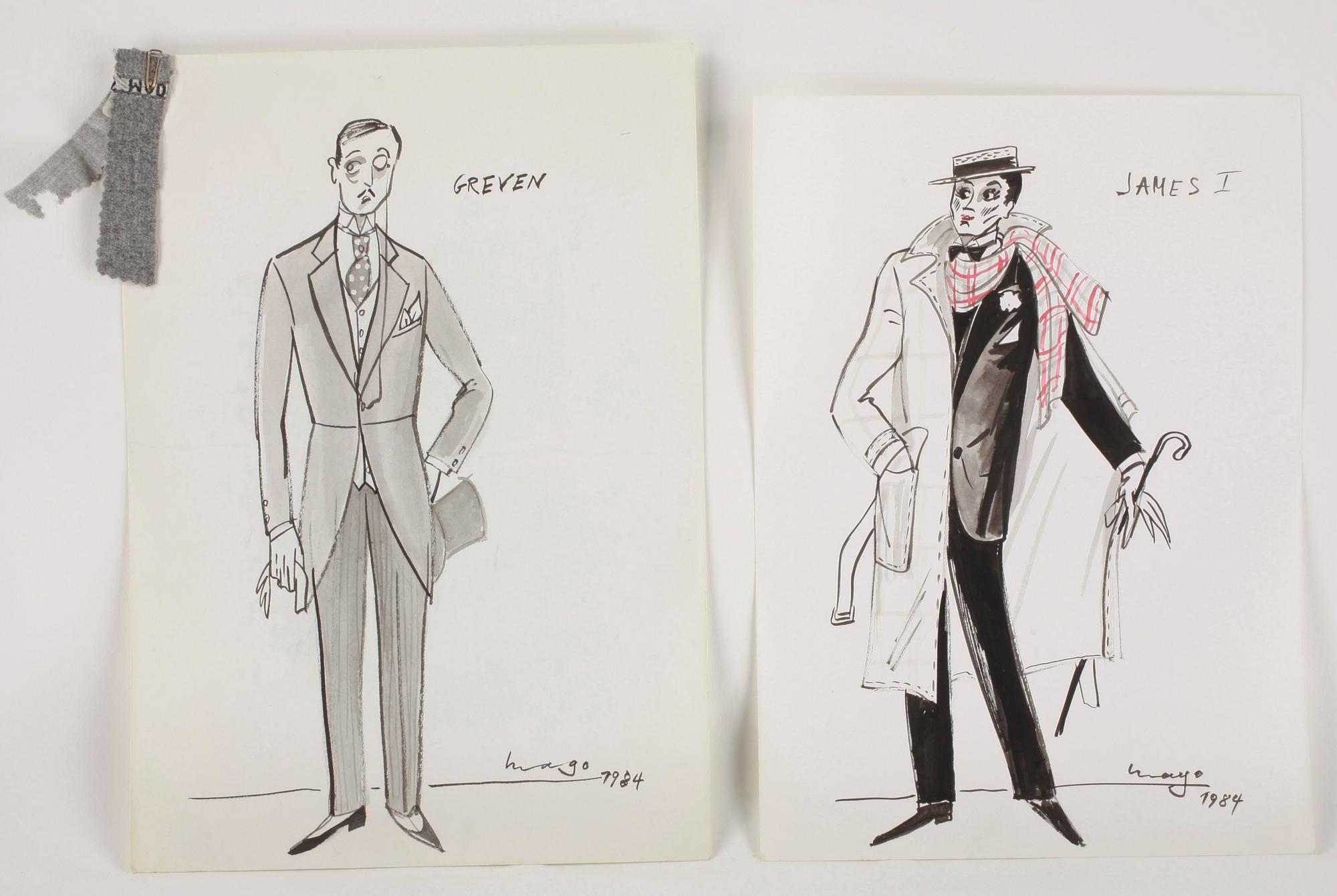 MAX GOLDSTEIN (MAGO), kostymskisser/akvarellteckningar, till bl a "Berns", dat 1964 samt 1956. Ca 80 st, delvis sign.