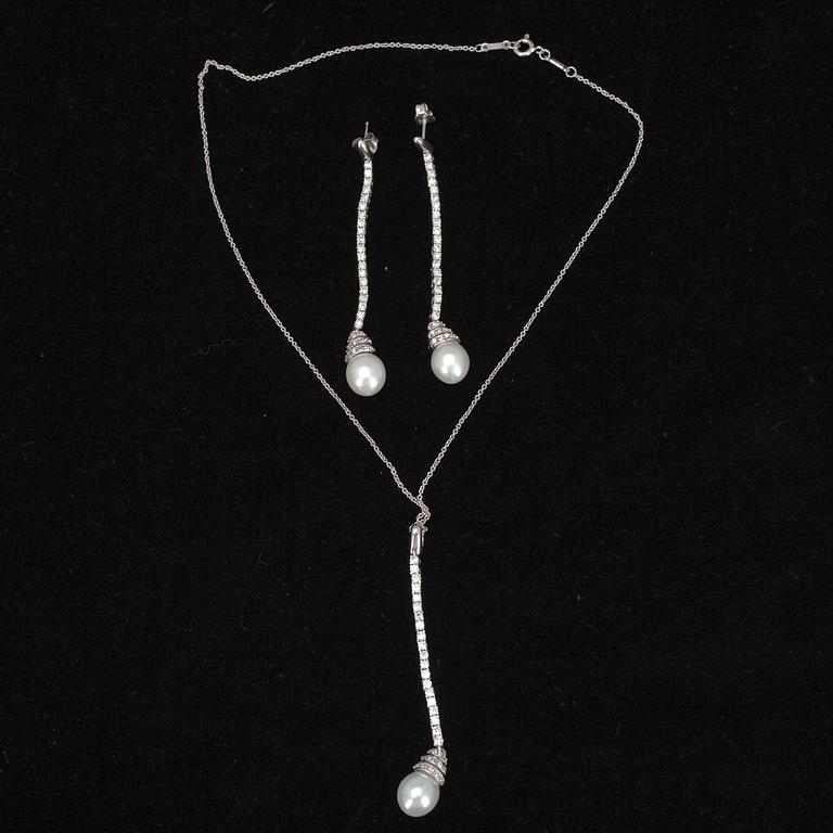 RIIPUS ja KORVAKORUT, hopeaa, zirkoneja, pisaranmuotoiset helmet.