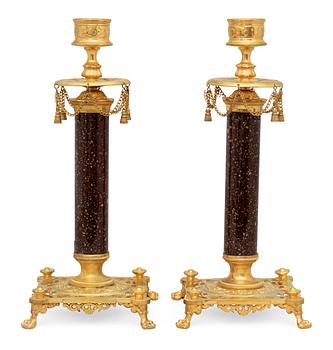 652. A pair of Swedish late 19th century brass and porphyry-imitation glass candlesticks.