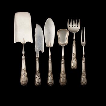 SERVERINGSBESTICK, 6 st, silver, okänd mästare PJS, S:t Petersburg, Ryssland 1886-1908. Tot. vikt ca 326 g.