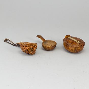 Three Sami burr birch items, one dated 1937.