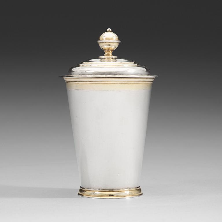 A Baltic 18th century parcel-gilt beaker and cover, mark of Joachim Friedrick Kachel (Dorpat 1717-).