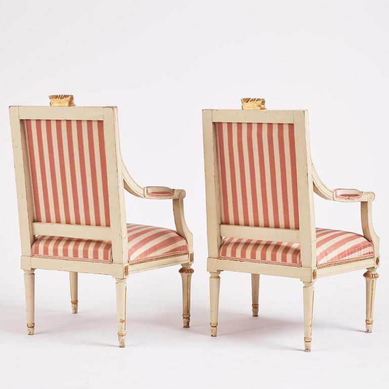 A pair of Gustavian open armchairs, Stockholm, late 18th century.